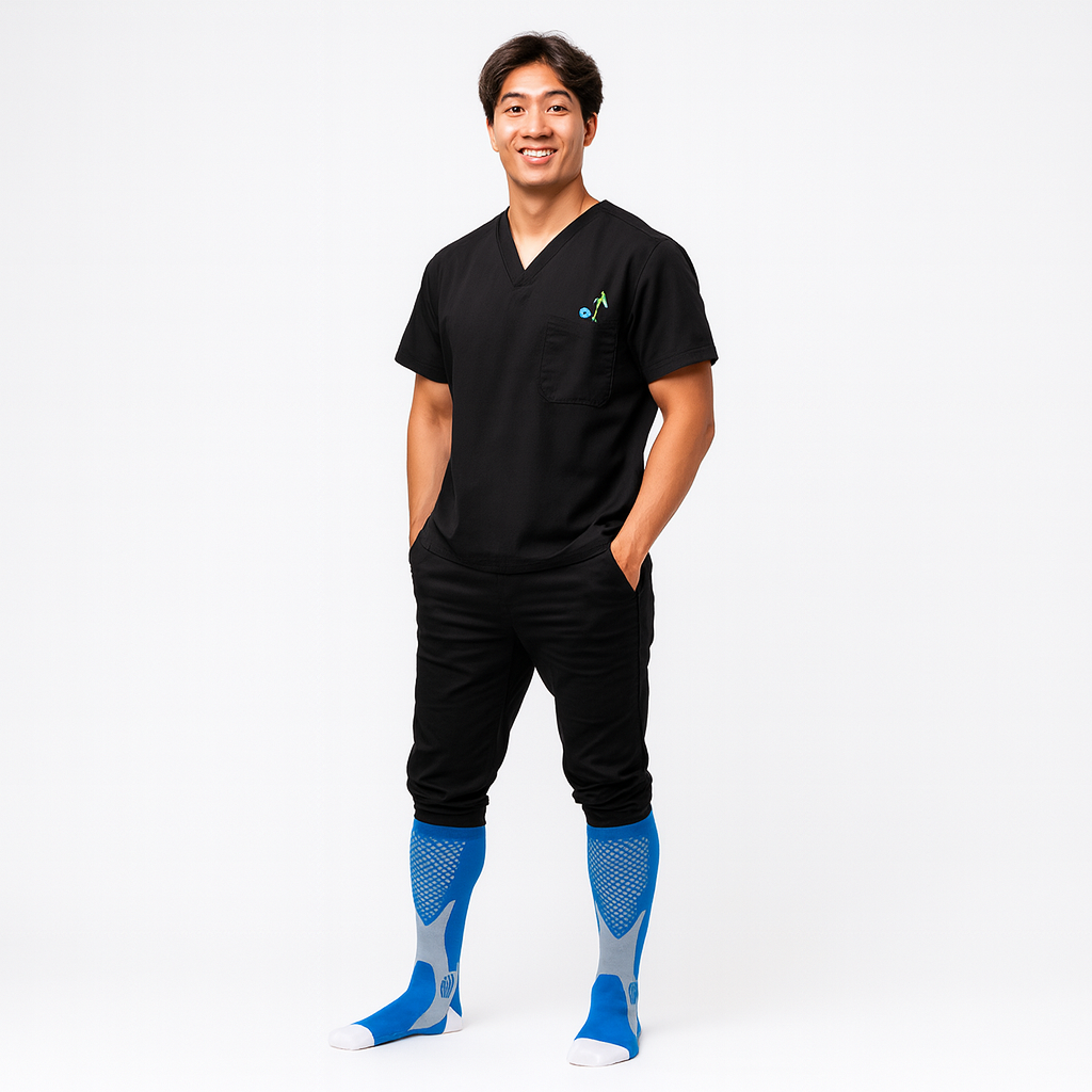 Compression socks worn by a healthcare worker for leg support and improved circulation