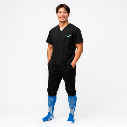 Compression socks worn by a healthcare worker for leg support and improved circulation