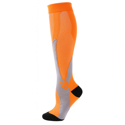 Orange knee-high compression socks designed for everyday leg support.